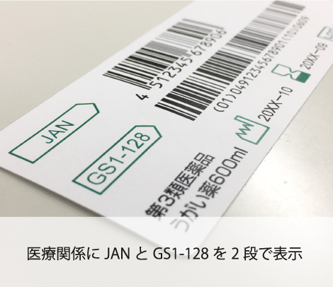 JAN＋GS1-128の2段バーコードラベル（ピクトマーク入り）